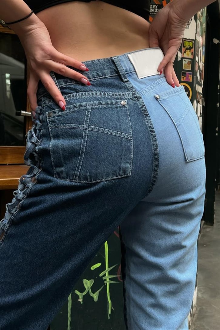 Blok Renkli Bağcık Detay Mavi Baggy Jean