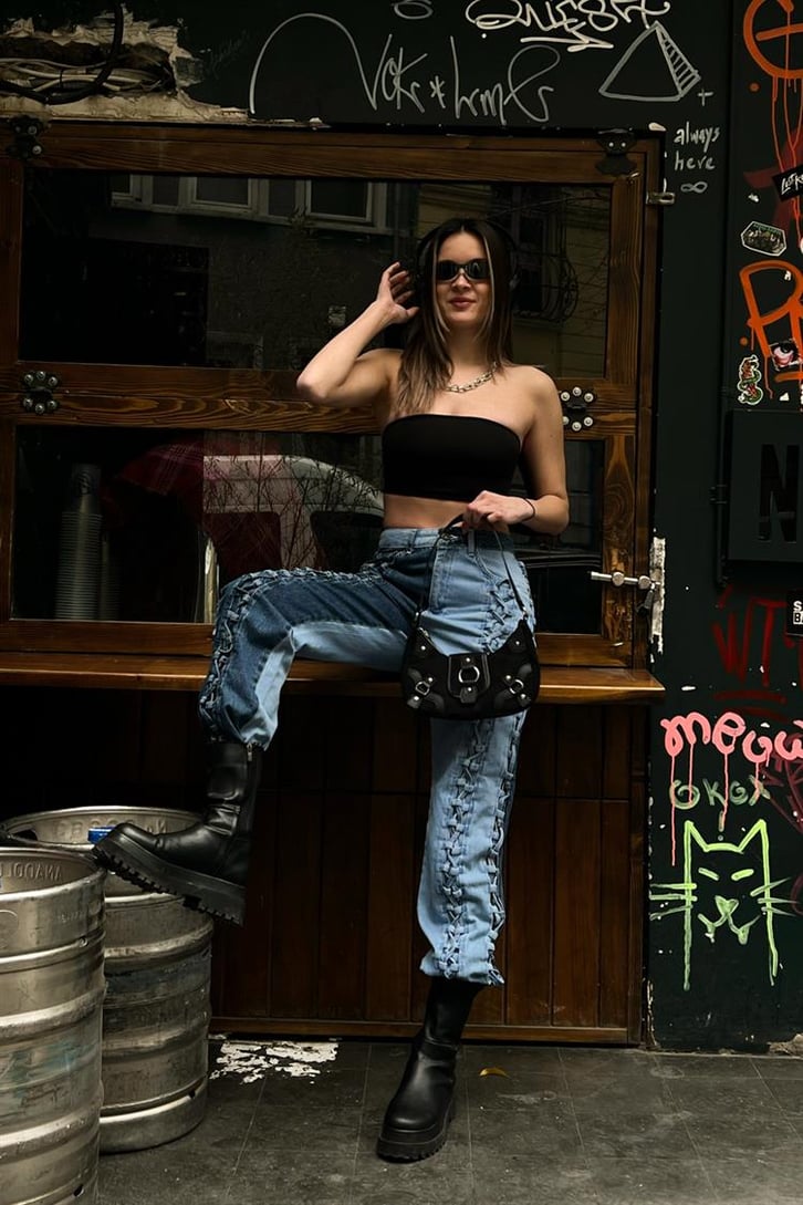 Blok Renkli Bağcık Detay Mavi Baggy Jean