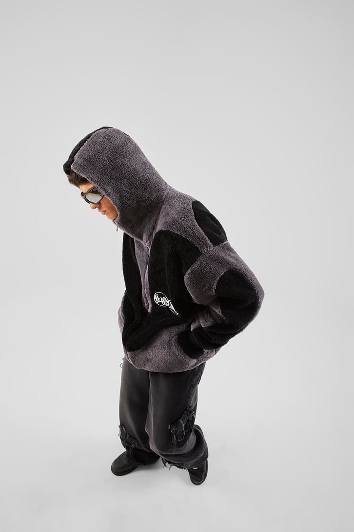 Bloklu Teddy Füme Zip Hoodie