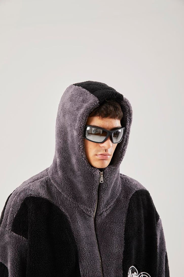 Bloklu Teddy Füme Zip Hoodie