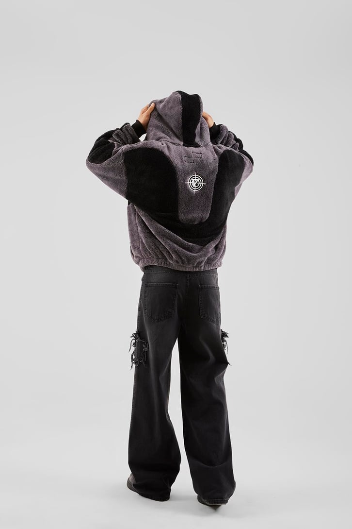 Bloklu Teddy Füme Zip Hoodie