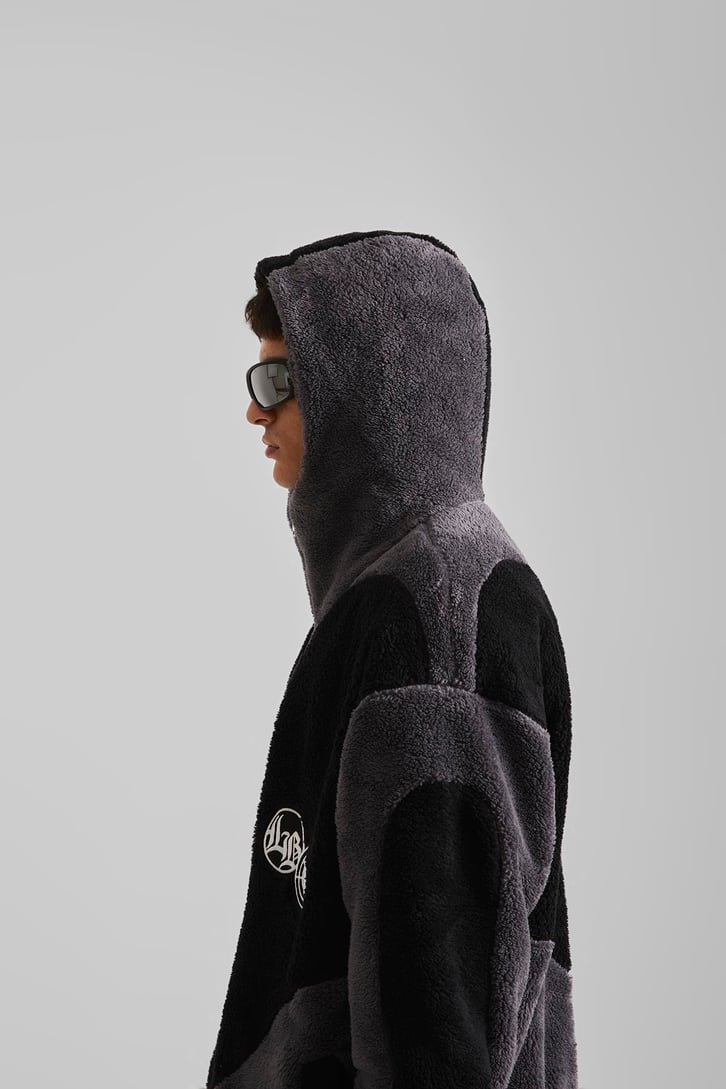Bloklu Teddy Füme Zip Hoodie