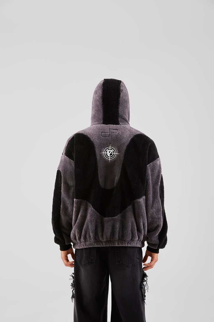 Bloklu Teddy Füme Zip Hoodie