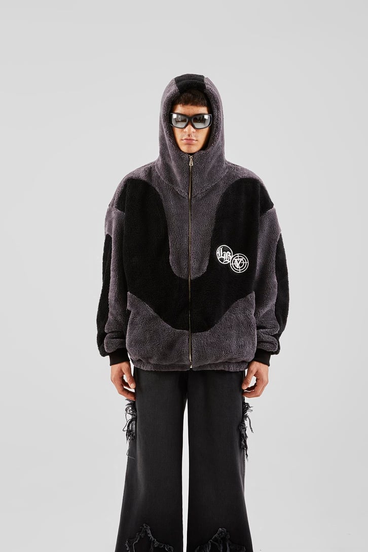 Bloklu Teddy Füme Zip Hoodie