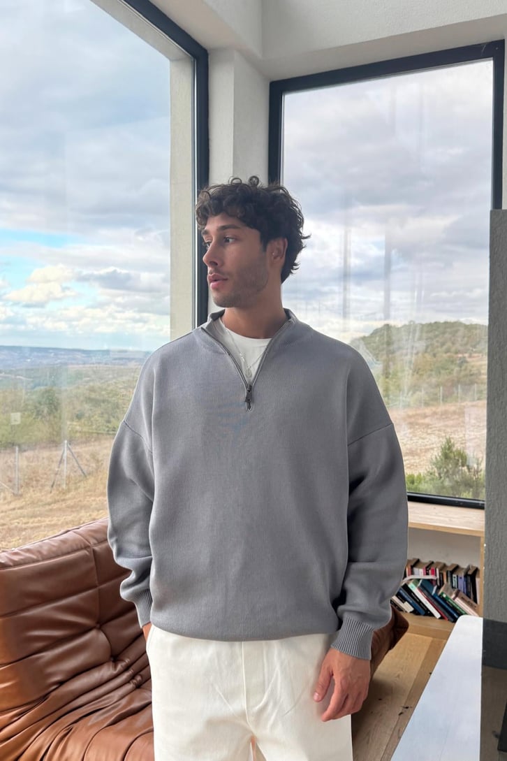 Boğazlı Half Zip Triko Kazak