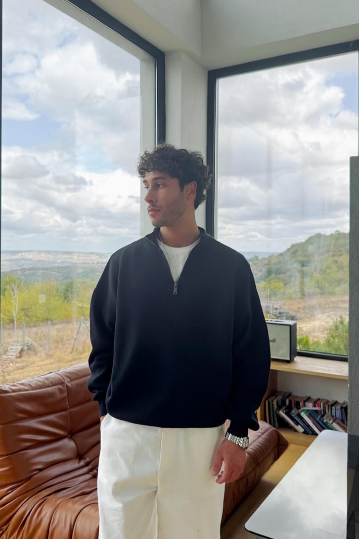 Boğazlı Half Zip Triko Kazak
