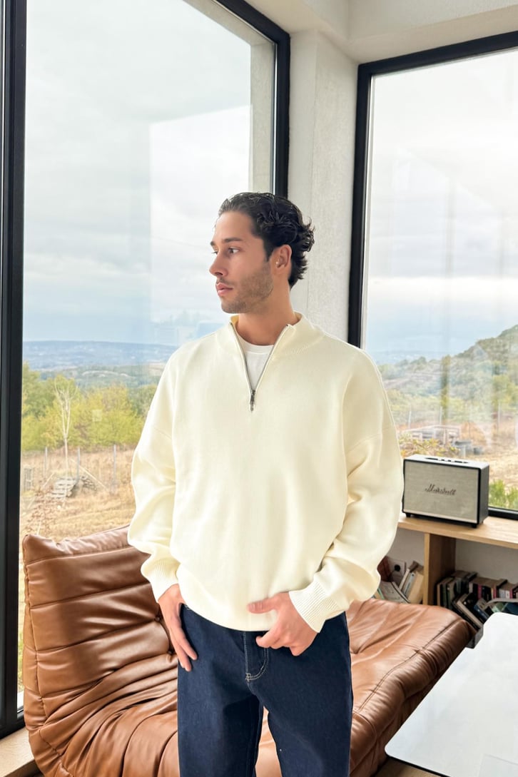 Boğazlı Half Zip Triko Kazak