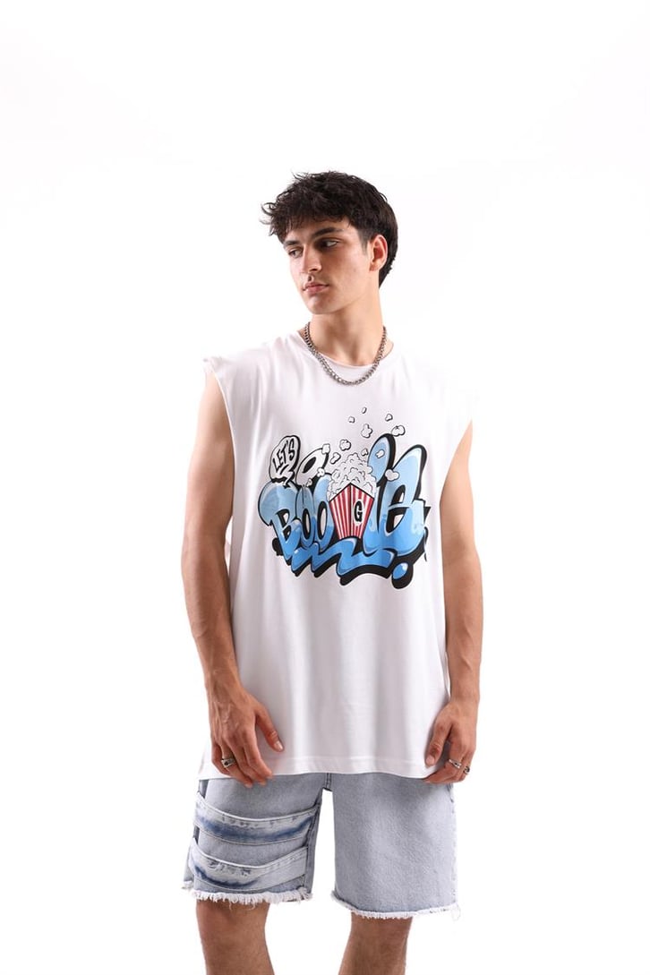 Boogle Baskılı Beyaz Kolsuz Oversize Tişört