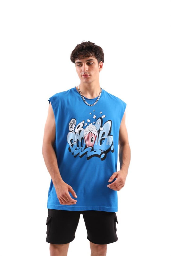 Boogle Baskılı Mavi Kolsuz Oversize Tişört