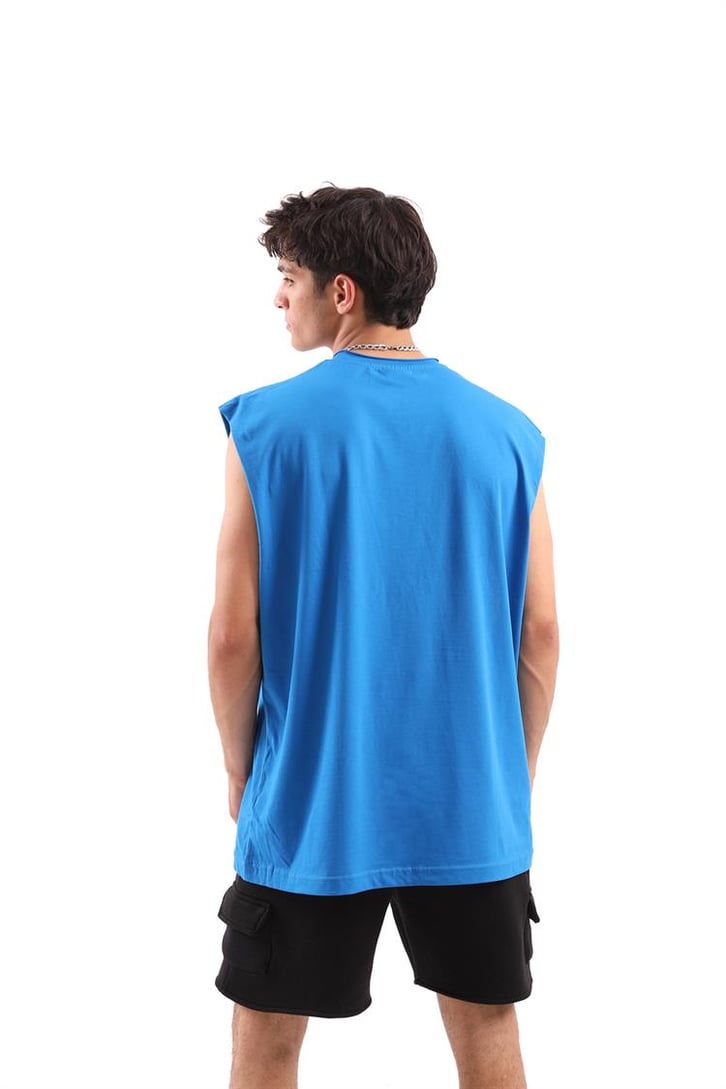Boogle Baskılı Mavi Kolsuz Oversize Tişört