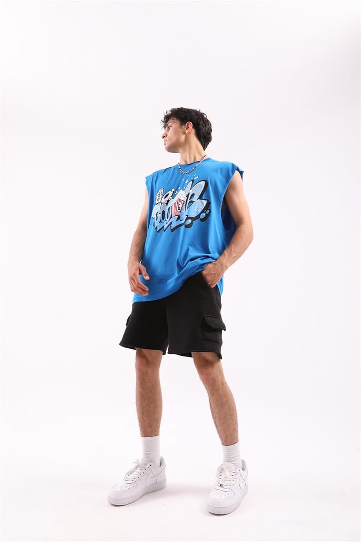 Boogle Baskılı Mavi Kolsuz Oversize Tişört