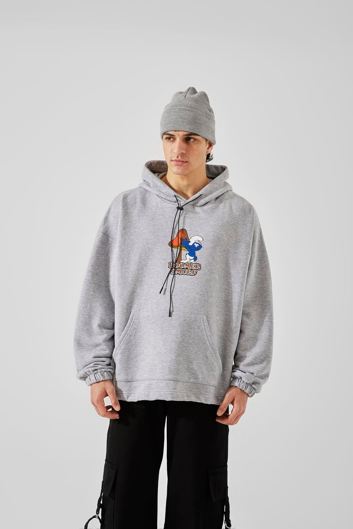Boomer Smurf Baskılı Gri Oversize Hoodie