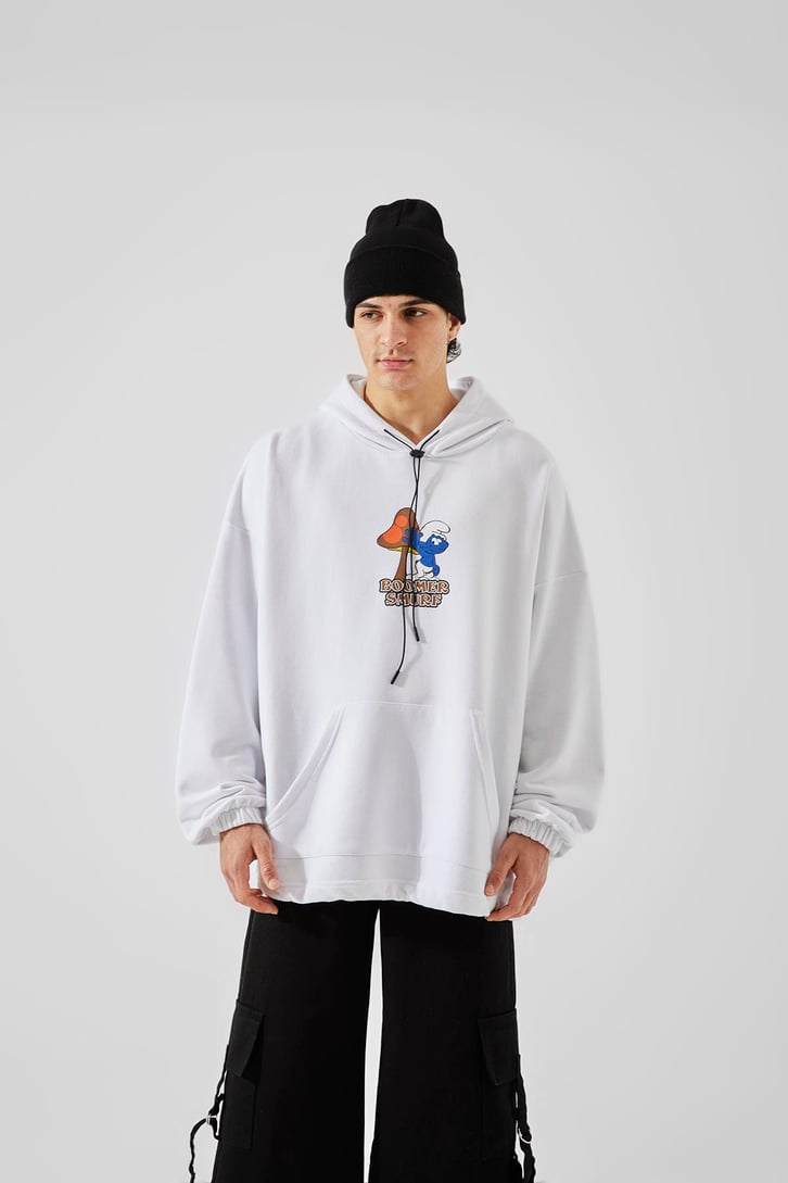 Boomer Smurf Baskılı Gri Oversize Hoodie