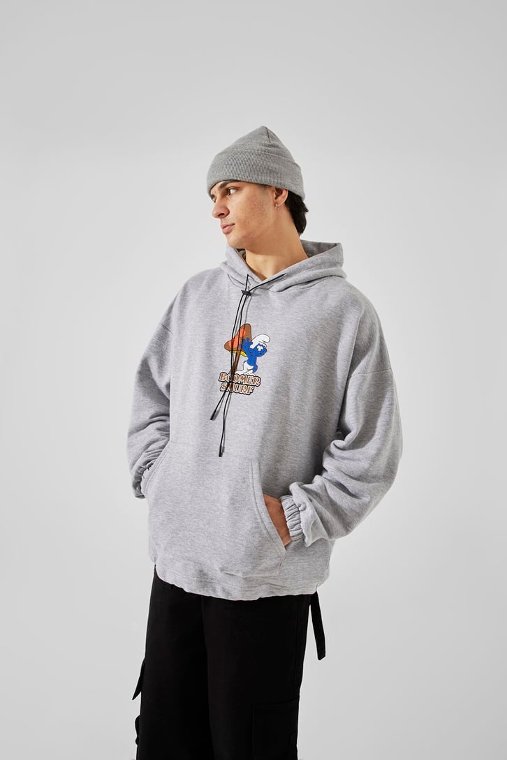 Boomer Smurf Baskılı Gri Oversize Hoodie