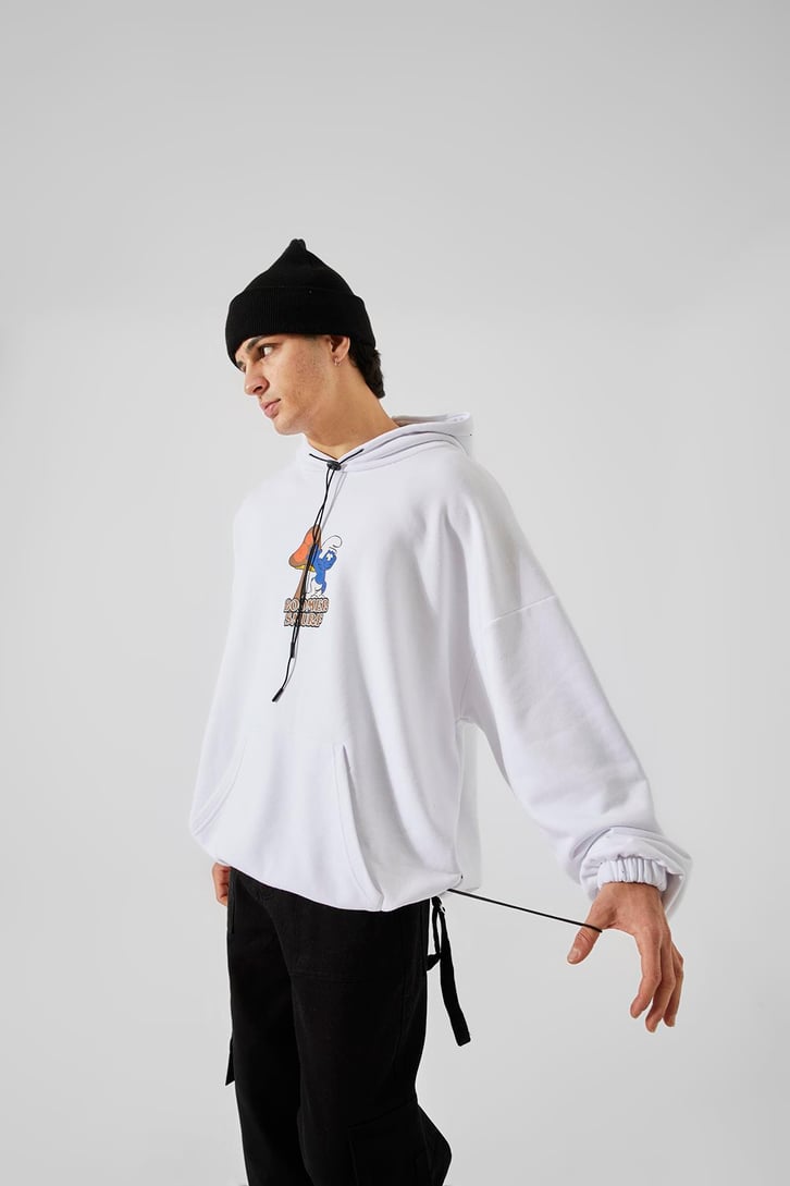 Boomer Smurf Baskılı Gri Oversize Hoodie