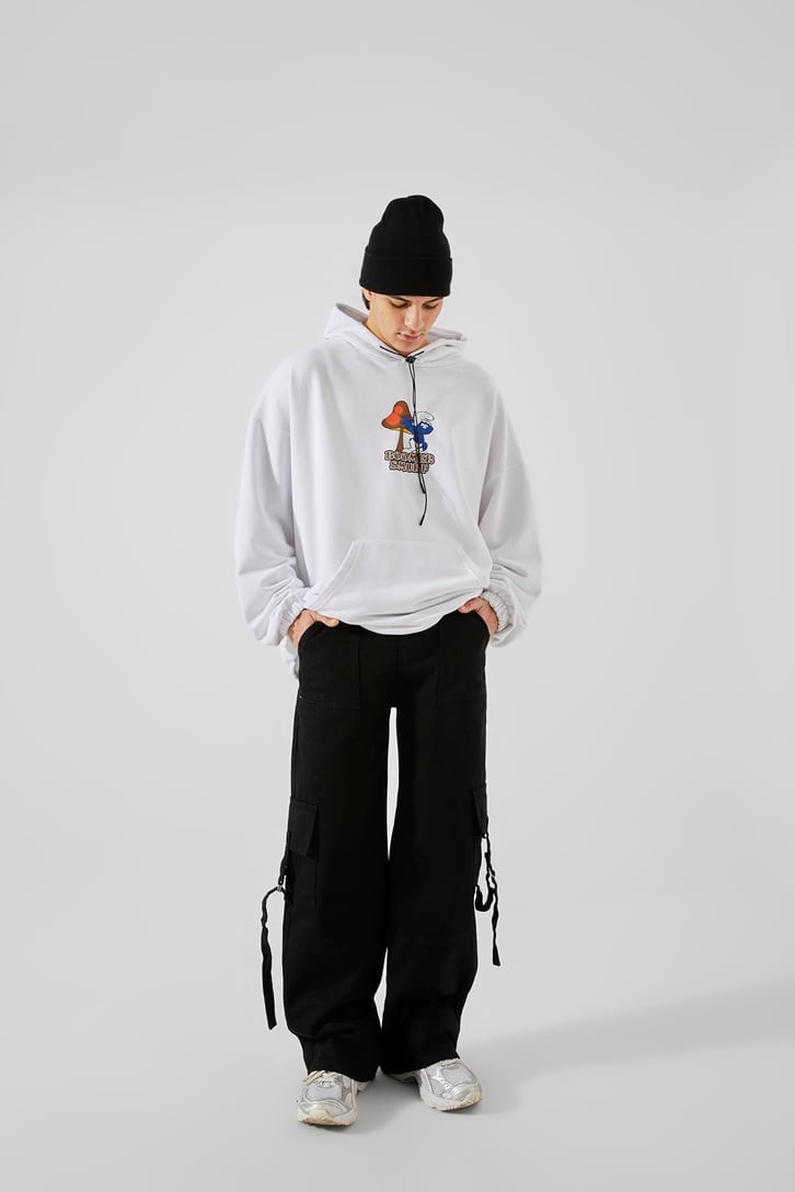 Boomer Smurf Baskılı Gri Oversize Hoodie