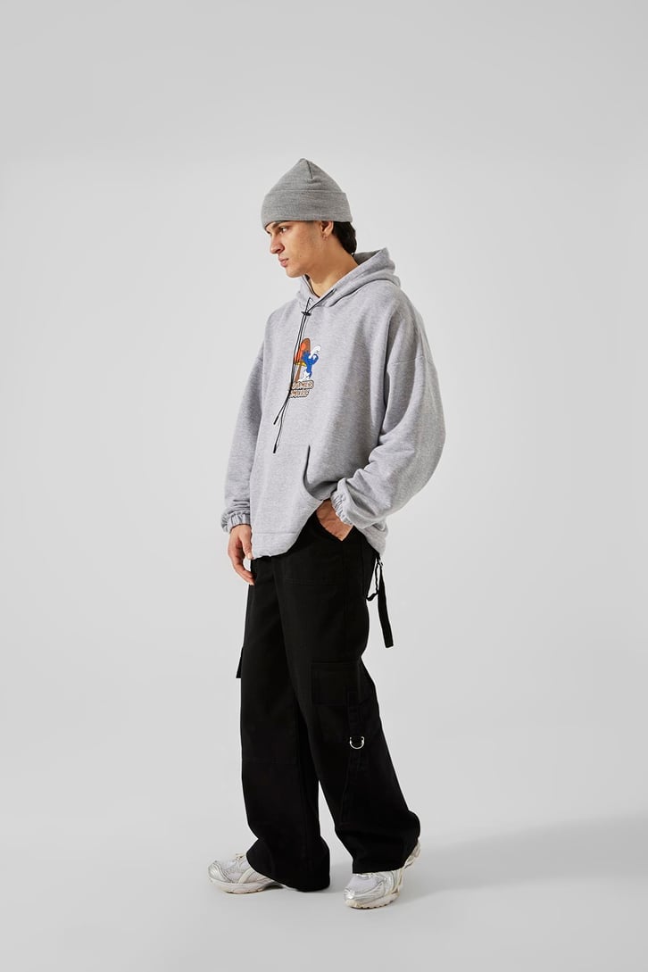 Boomer Smurf Baskılı Gri Oversize Hoodie