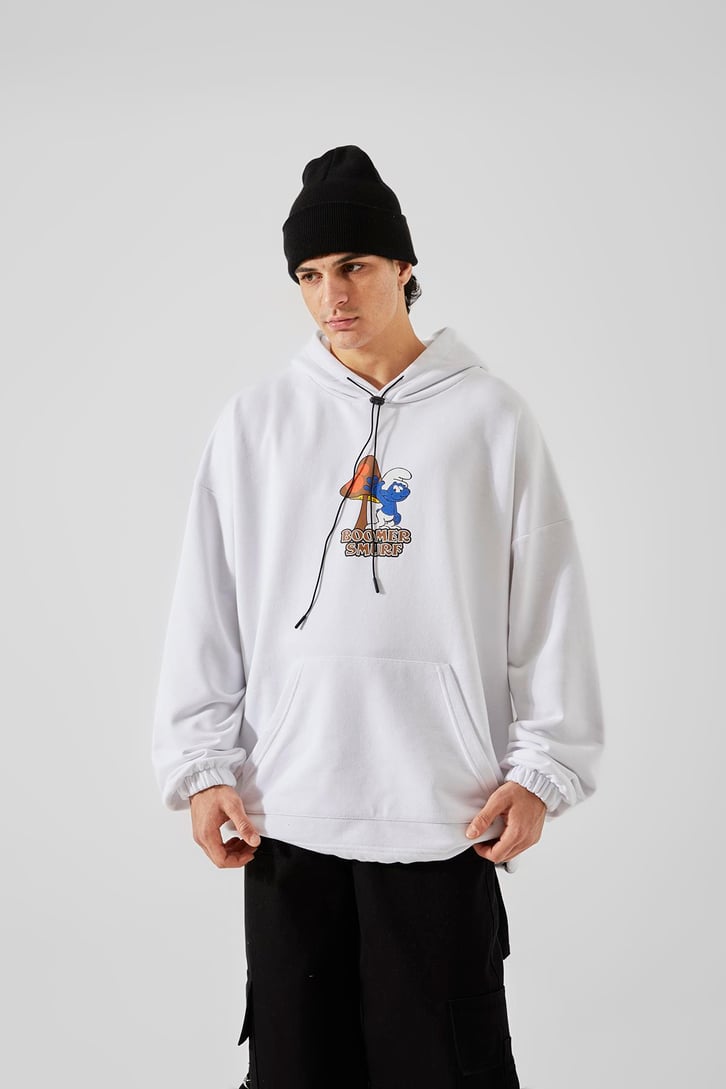 Boomer Smurf Baskılı Gri Oversize Hoodie