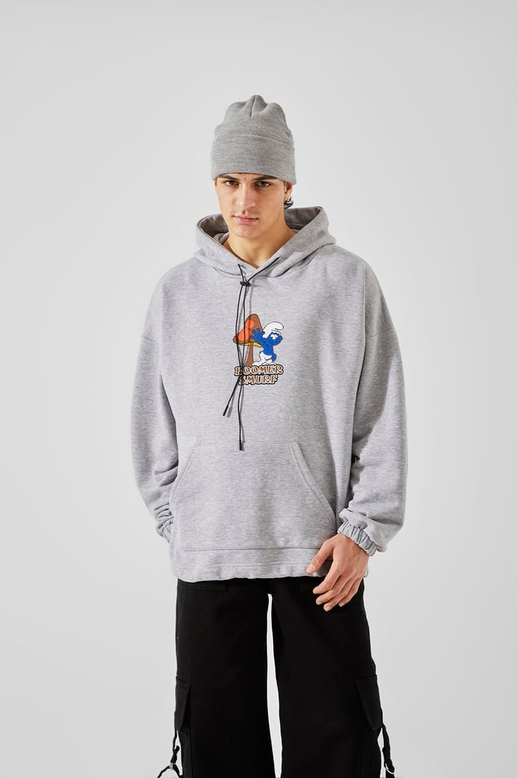 Boomer Smurf Baskılı Gri Oversize Hoodie
