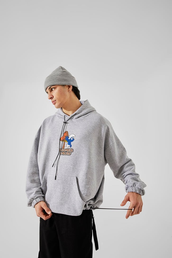 Boomer Smurf Baskılı Gri Oversize Hoodie