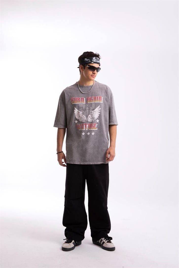 Born Again Baskılı Acid Wash Oversize Tişört