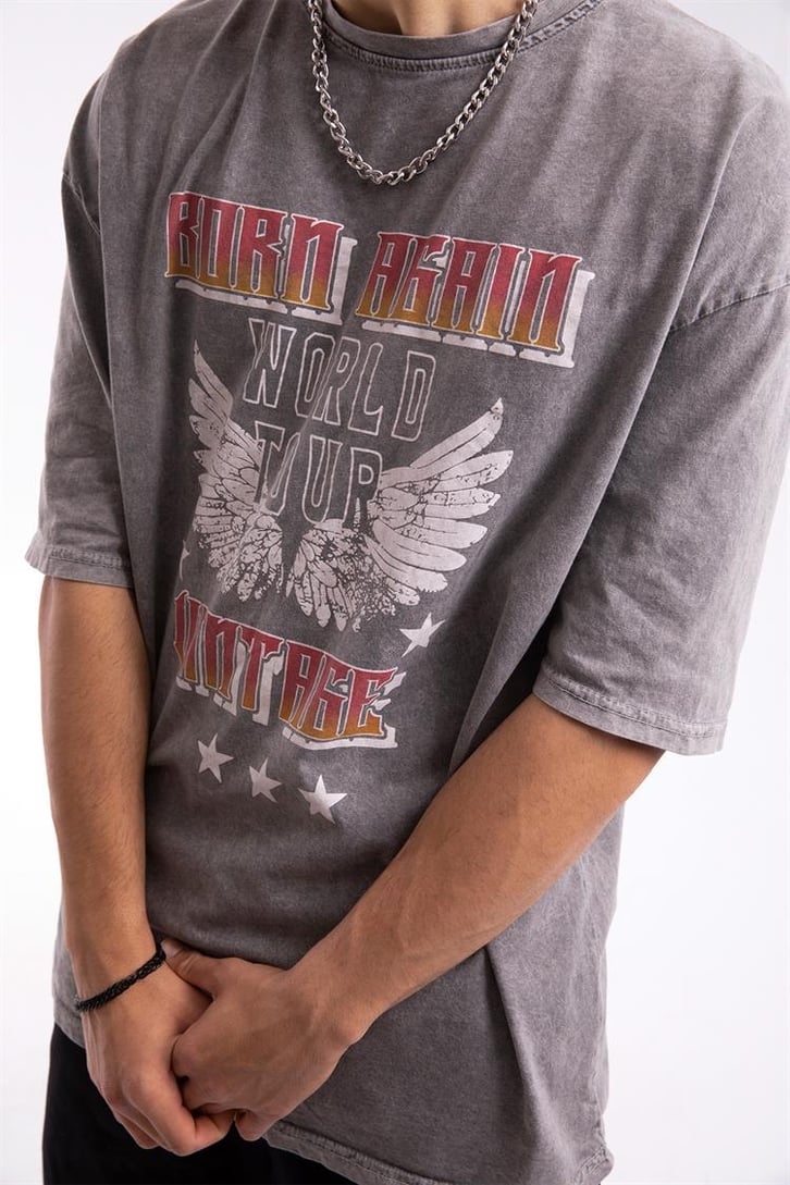 Born Again Baskılı Acid Wash Oversize Tişört