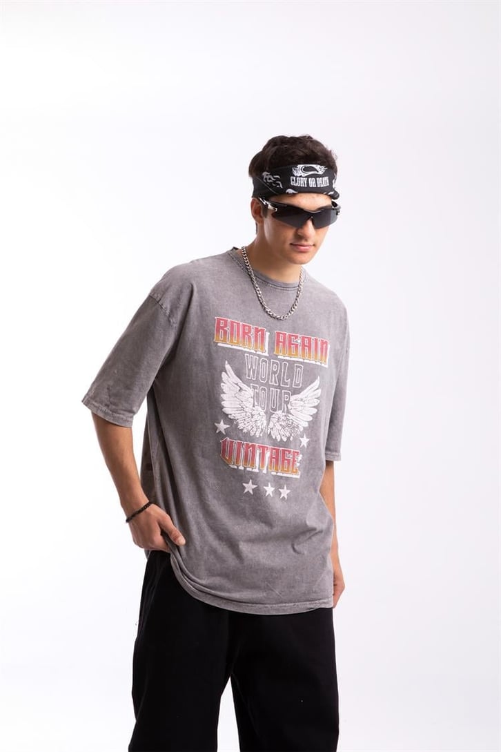 Born Again Baskılı Acid Wash Oversize Tişört