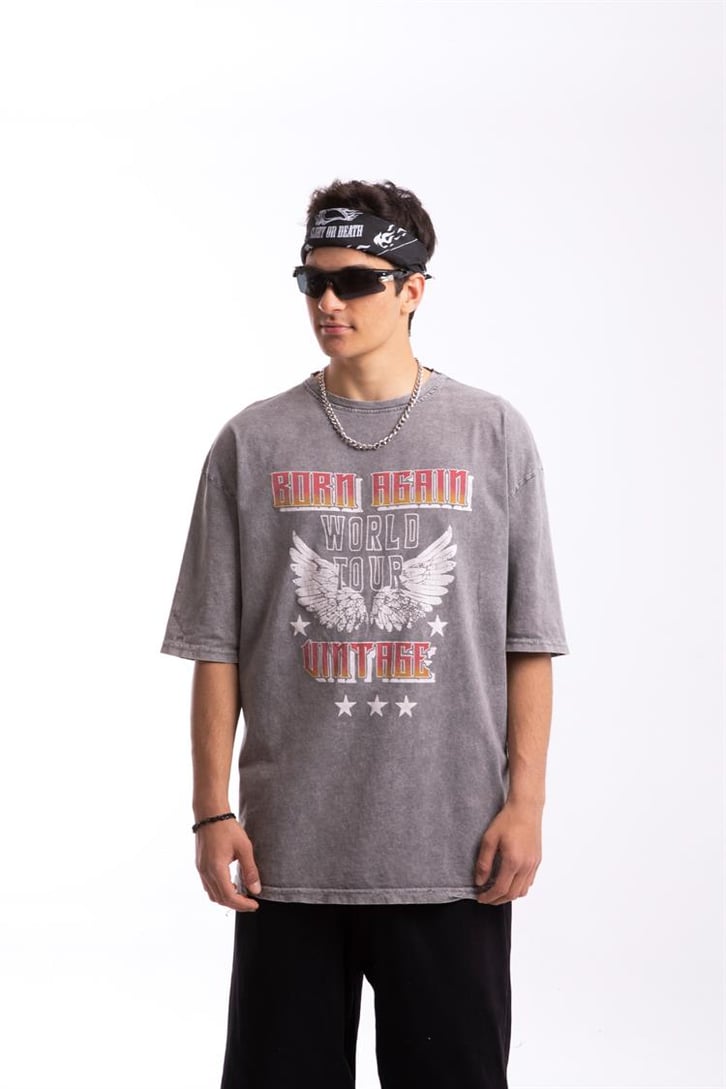 Born Again Baskılı Acid Wash Oversize Tişört