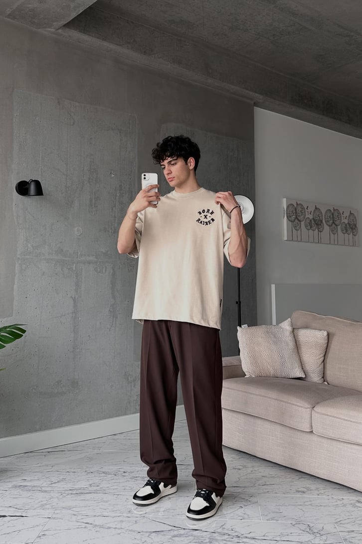 Born Raesed Baskılı Bej Oversize Tişört
