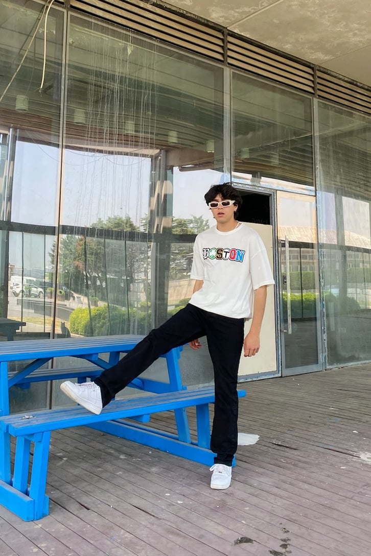 Boston Baskılı Oversize Oversize Tshirt