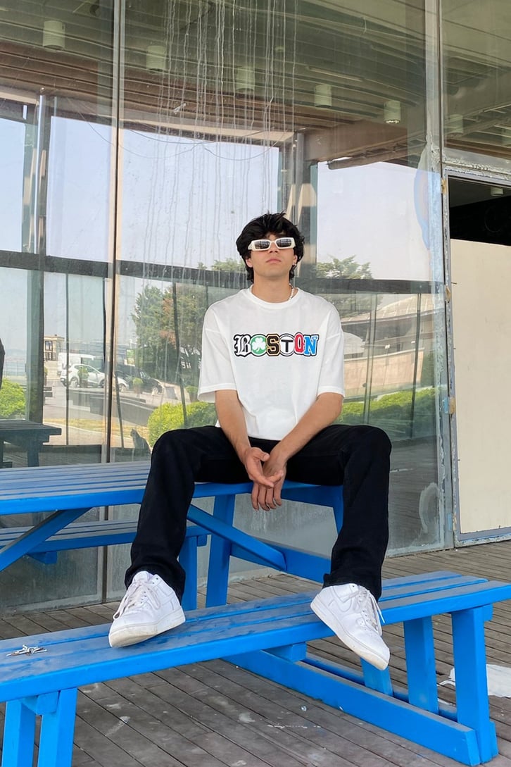 Boston Baskılı Oversize Oversize Tshirt
