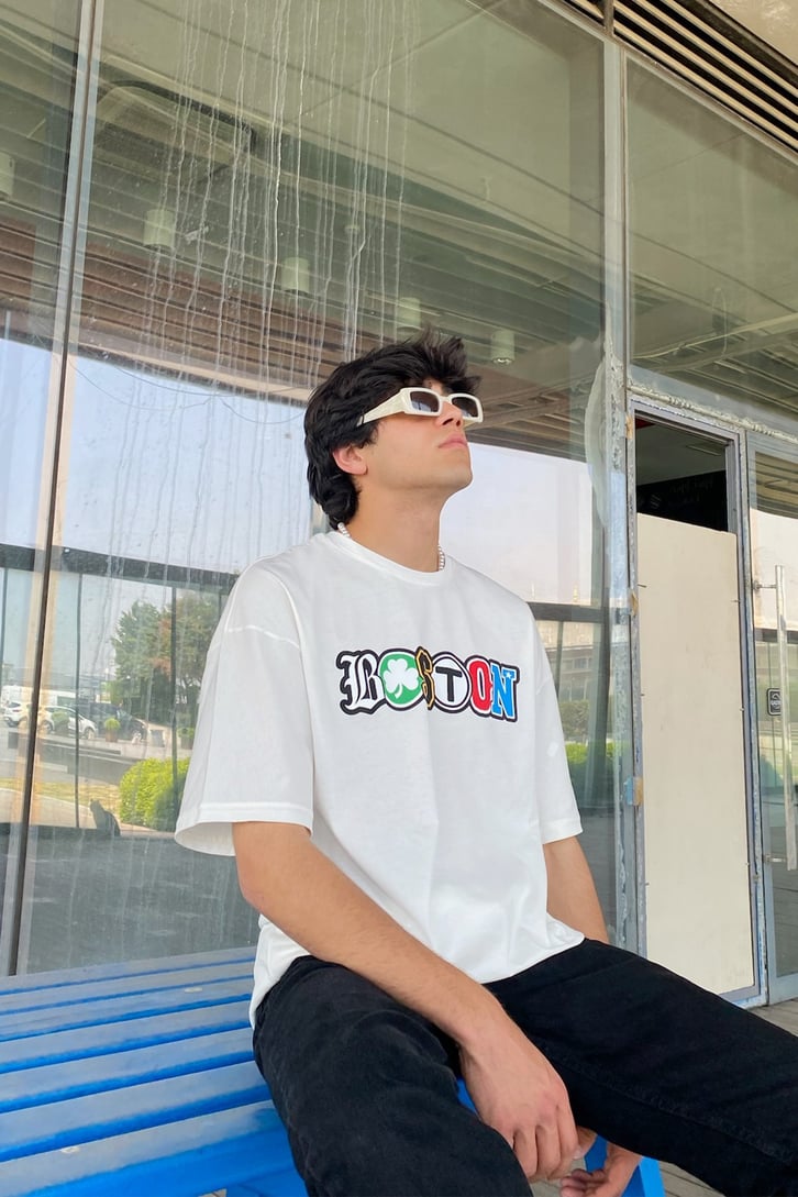 Boston Baskılı Oversize Oversize Tshirt