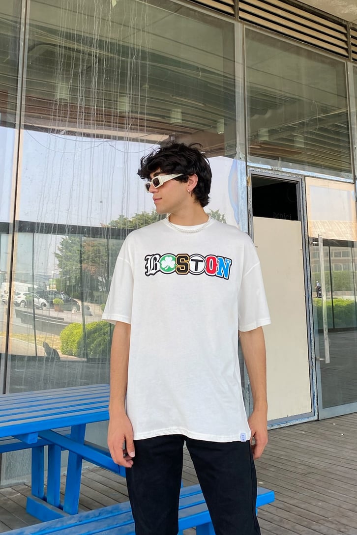 Boston Baskılı Oversize Oversize Tshirt