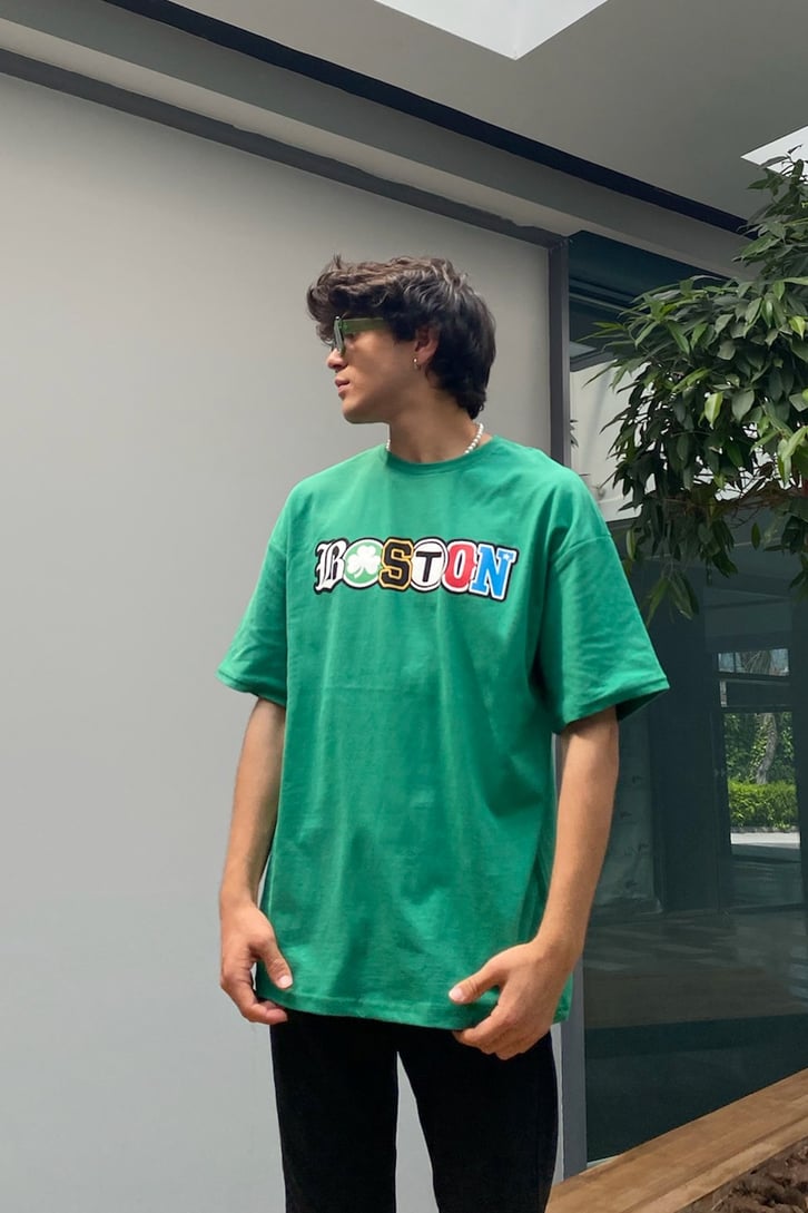 Boston Baskılı Oversize Oversize Tshirt
