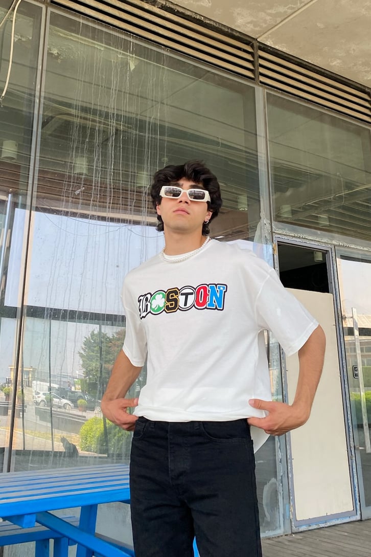 Boston Baskılı Oversize Oversize Tshirt
