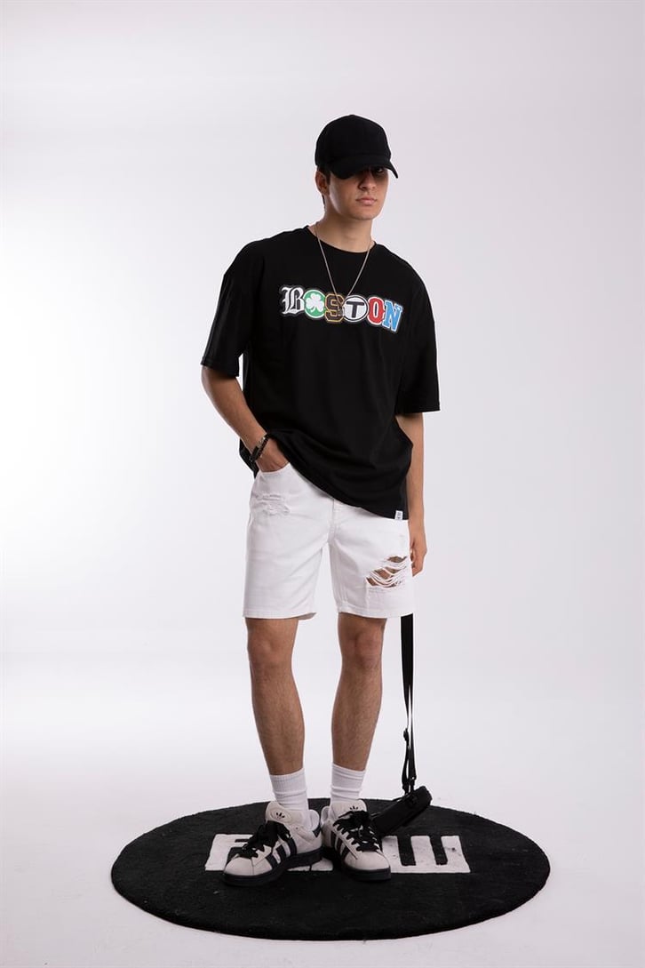 Boston Baskılı Siyah Oversize Tişört