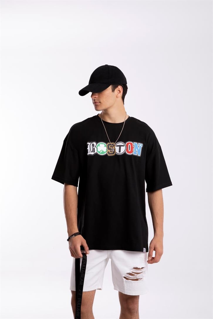 Boston Baskılı Siyah Oversize Tişört