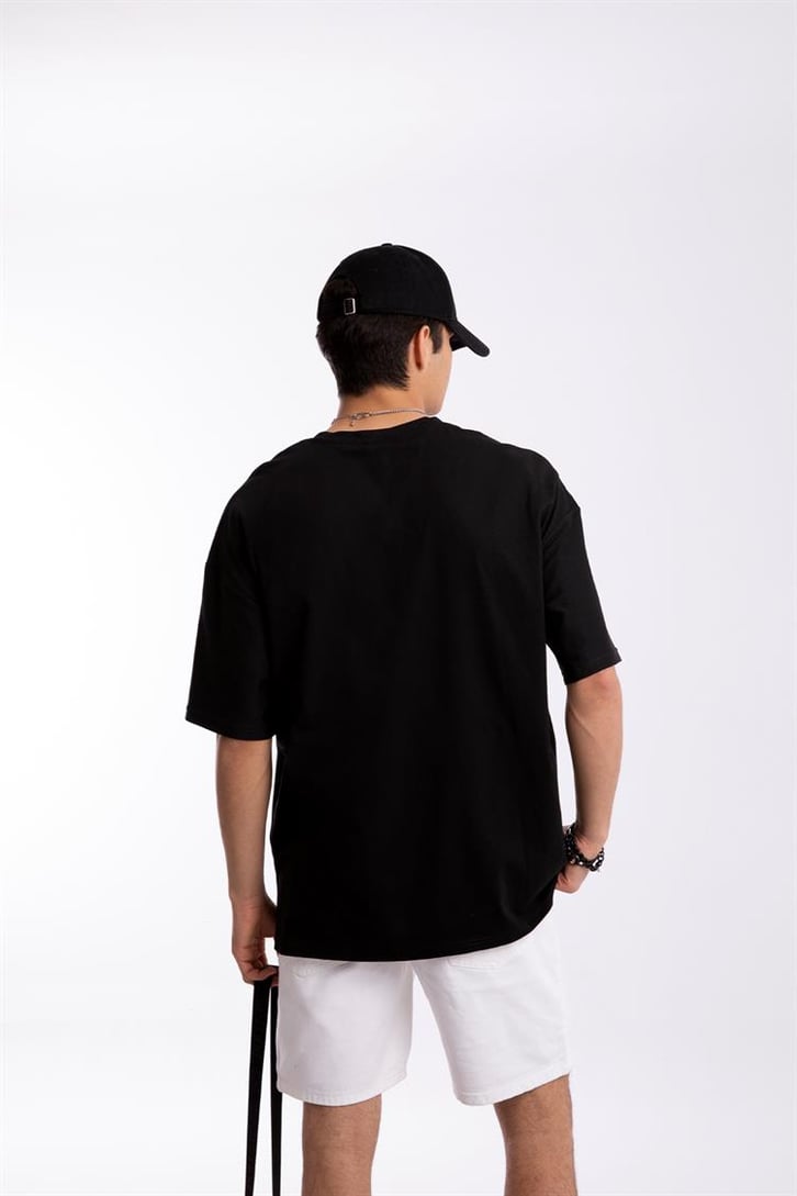 Boston Baskılı Siyah Oversize Tişört