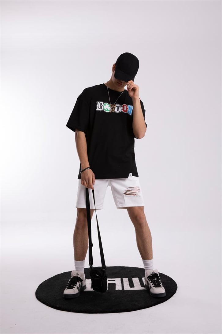 Boston Baskılı Siyah Oversize Tişört