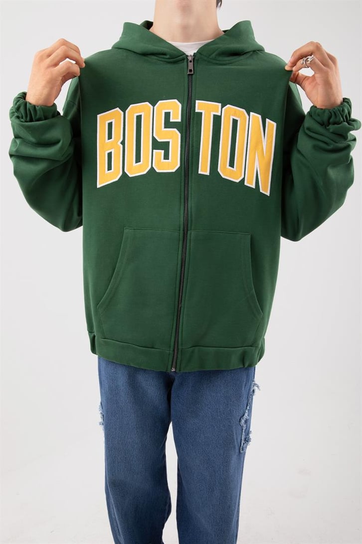 Boston Baskılı Yeşil Zip Hoodie
