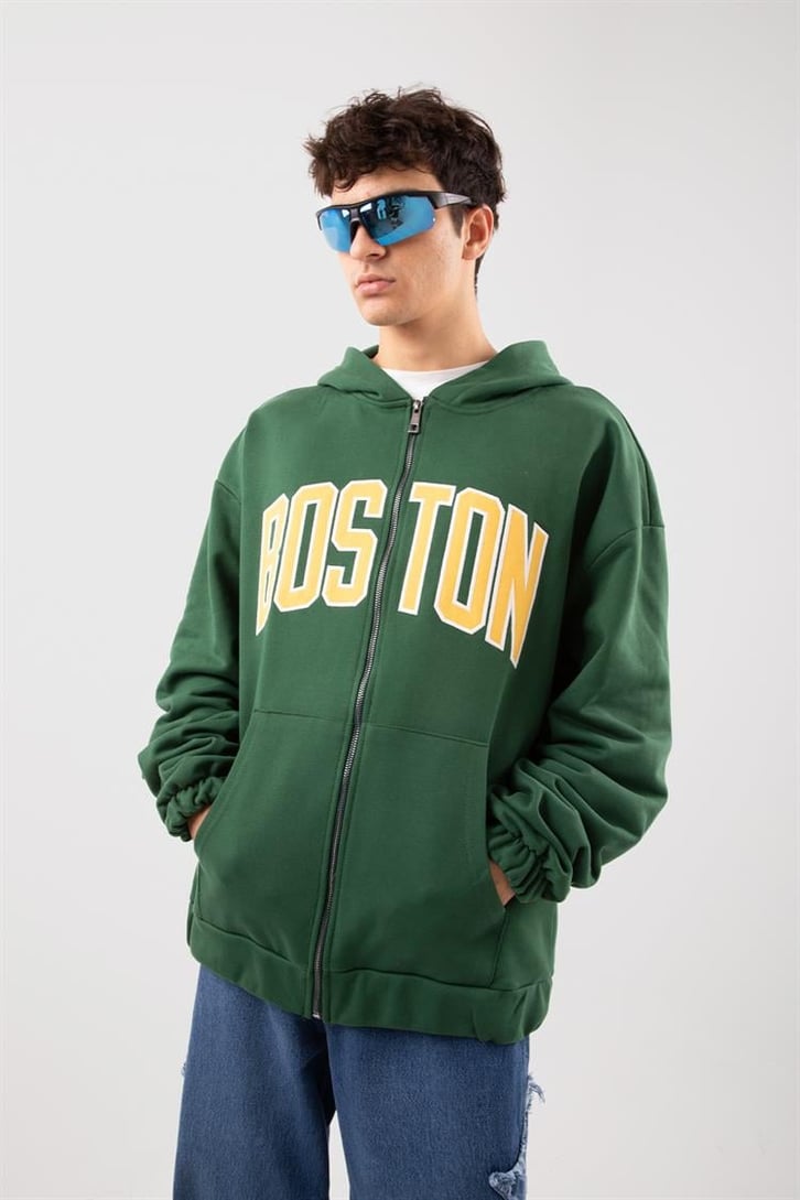 Boston Baskılı Yeşil Zip Hoodie