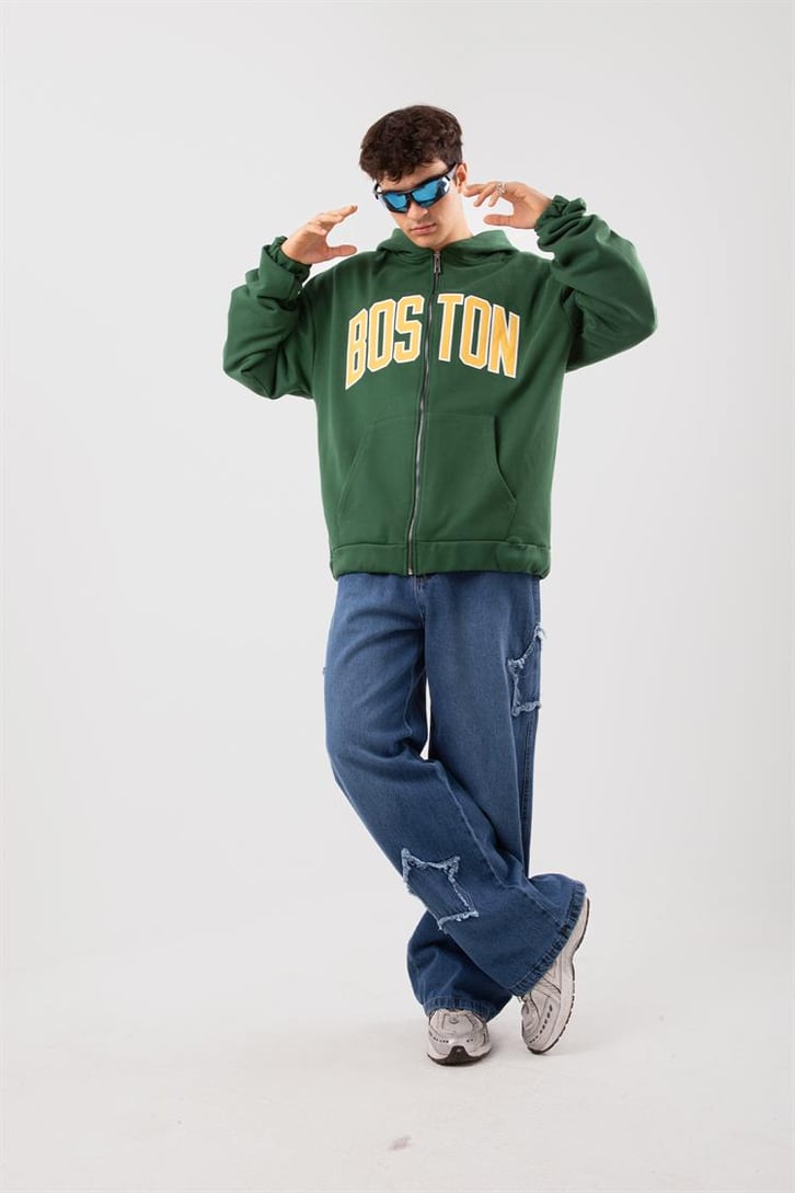 Boston Baskılı Yeşil Zip Hoodie