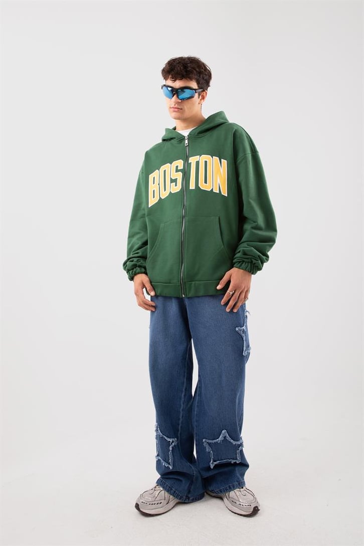 Boston Baskılı Yeşil Zip Hoodie