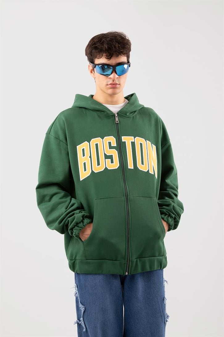 Boston Baskılı Yeşil Zip Hoodie