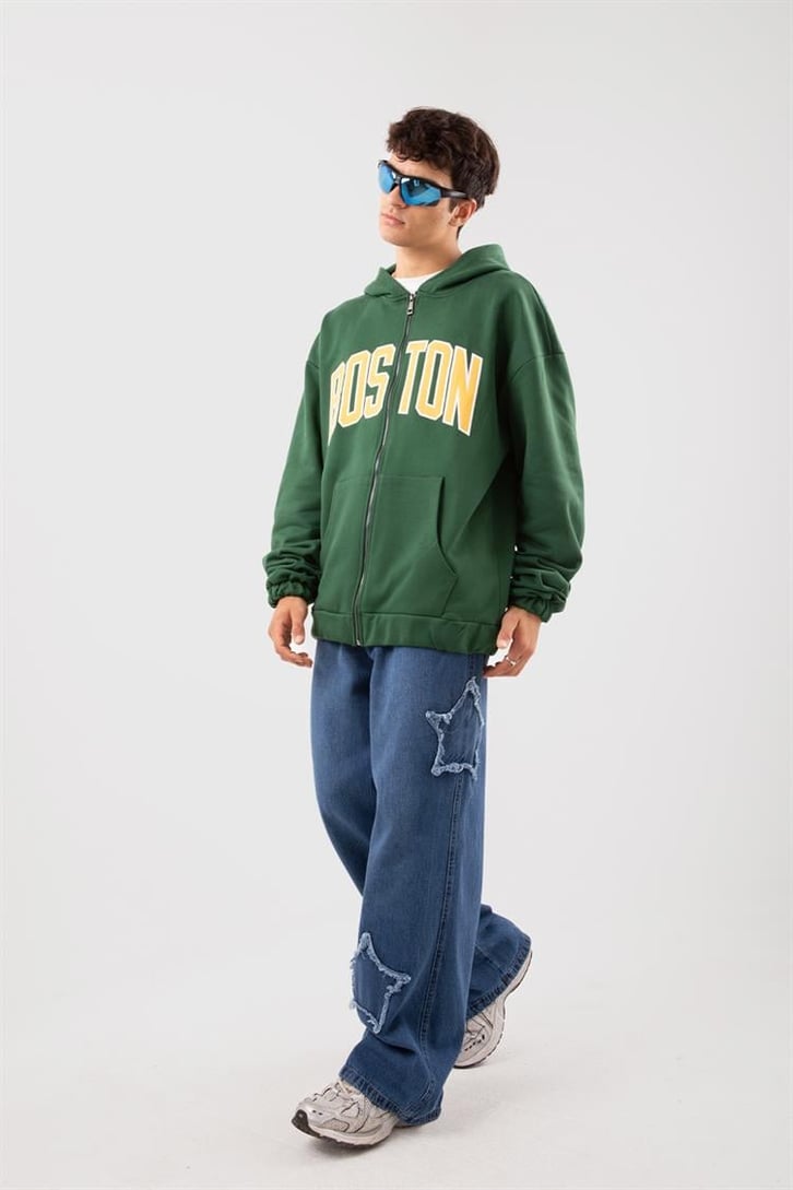 Boston Baskılı Yeşil Zip Hoodie