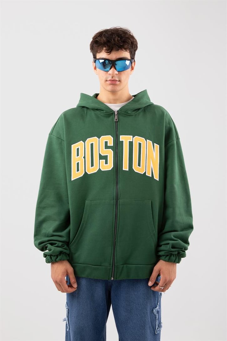 Boston Baskılı Yeşil Zip Hoodie