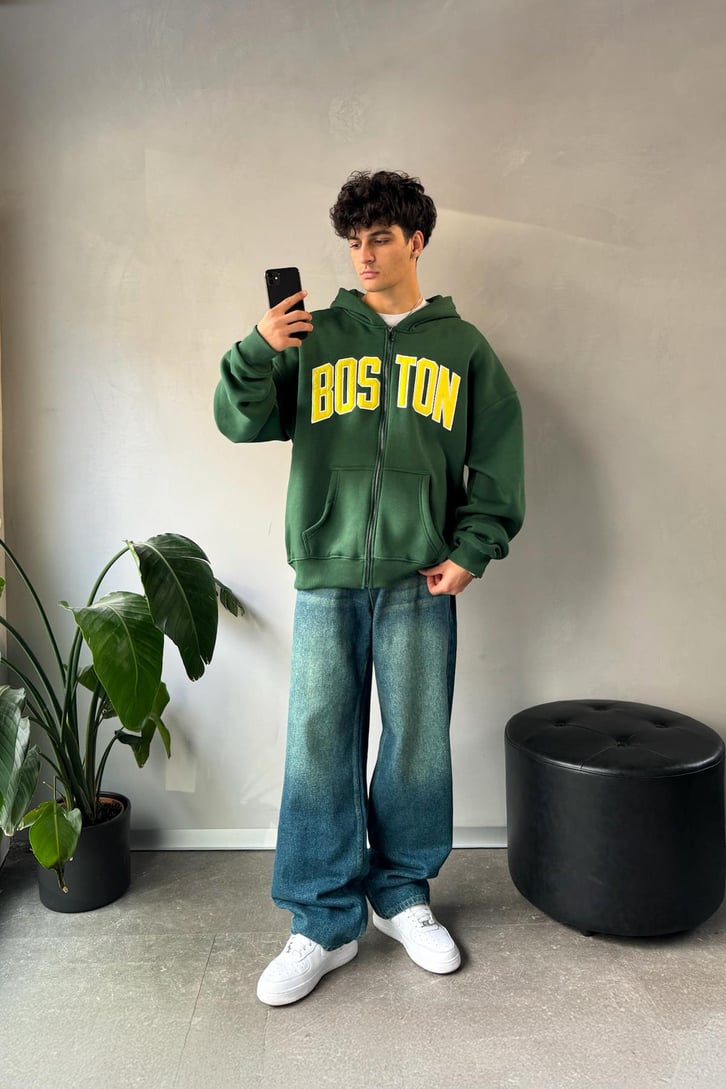 Boston Nakışlı Zip Hoodie