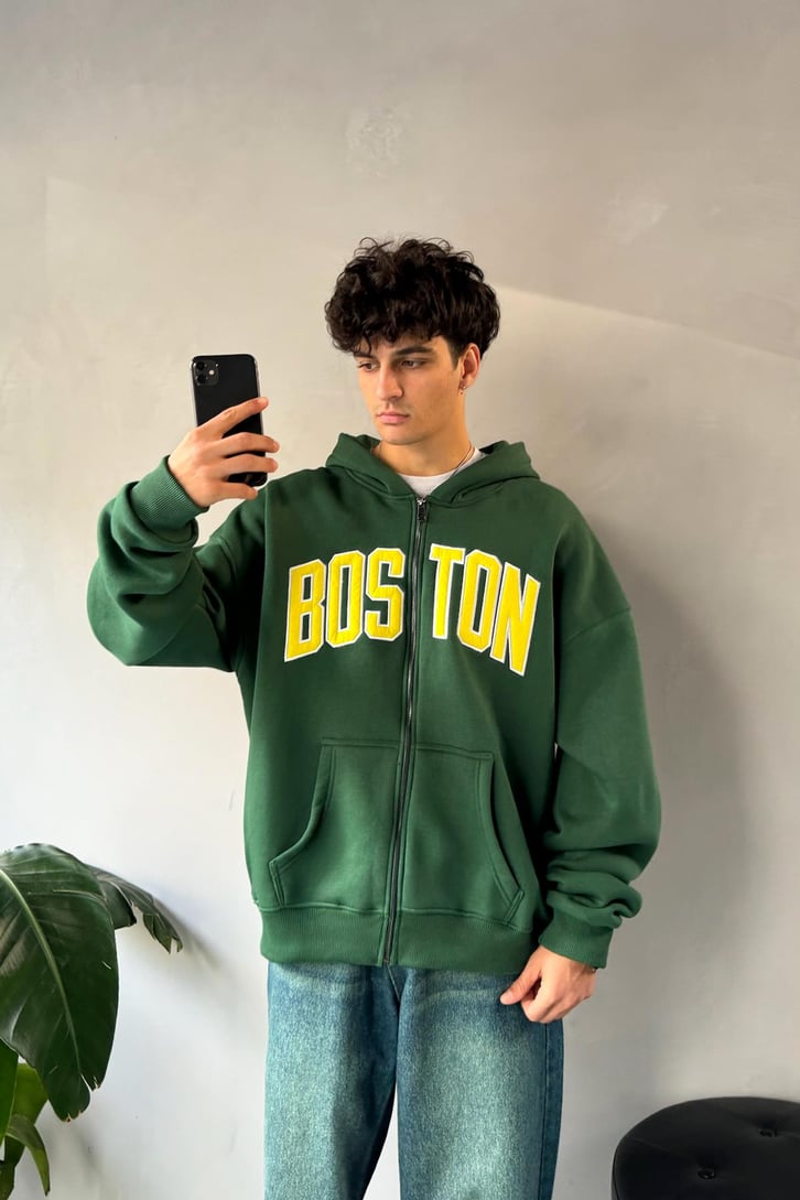 Boston Nakışlı Zip Hoodie