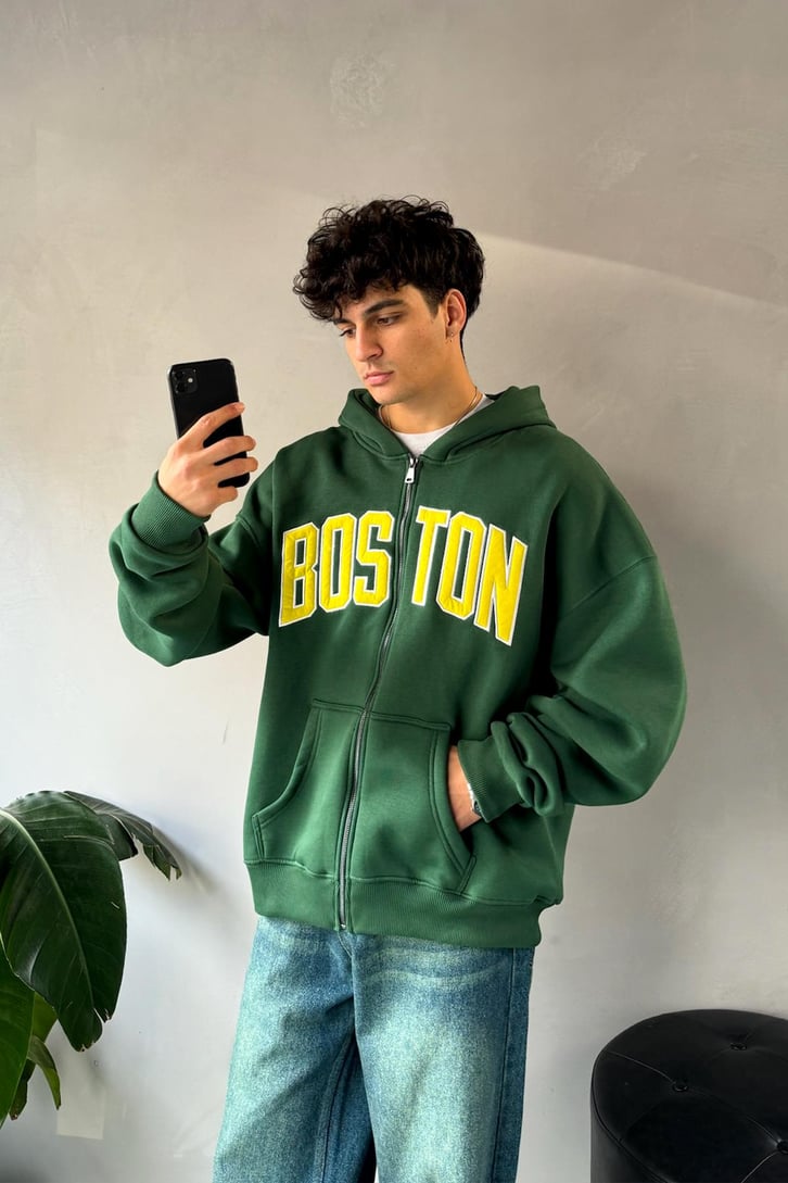 Boston Nakışlı Zip Hoodie