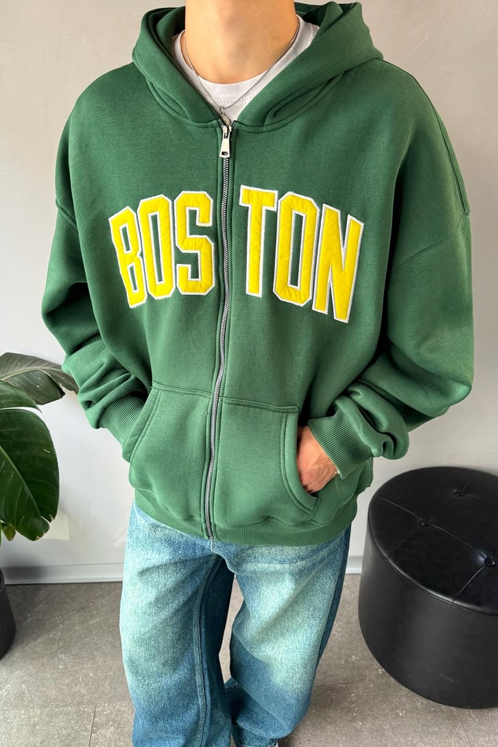 Boston Nakışlı Zip Hoodie